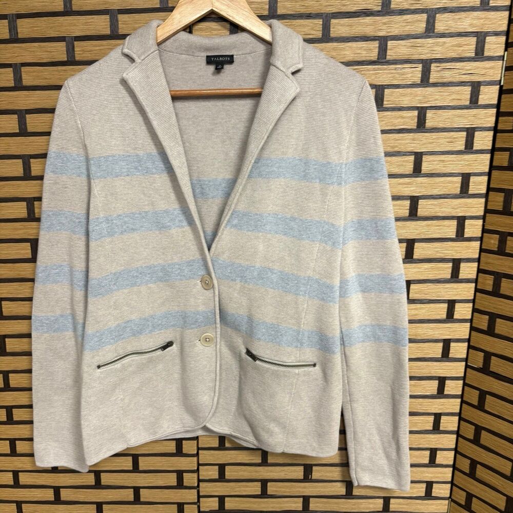 Talbots Tan And Gray Stripe Cardigan Size Medium